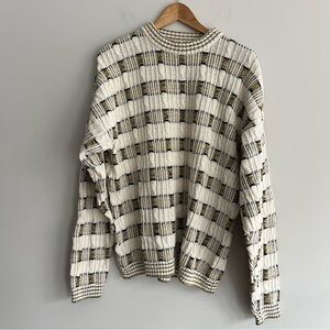 Enigma Vintage Classic Cream and Brown Striped Cable Knit Sweater XL